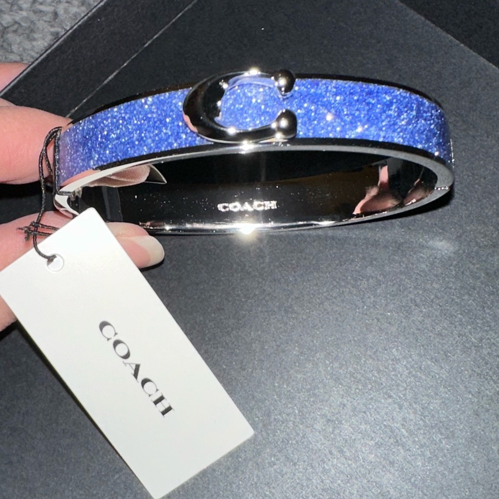 NWT BOXED Coach Signature C blue sparkle holiday glitter hinge bangle bracelet